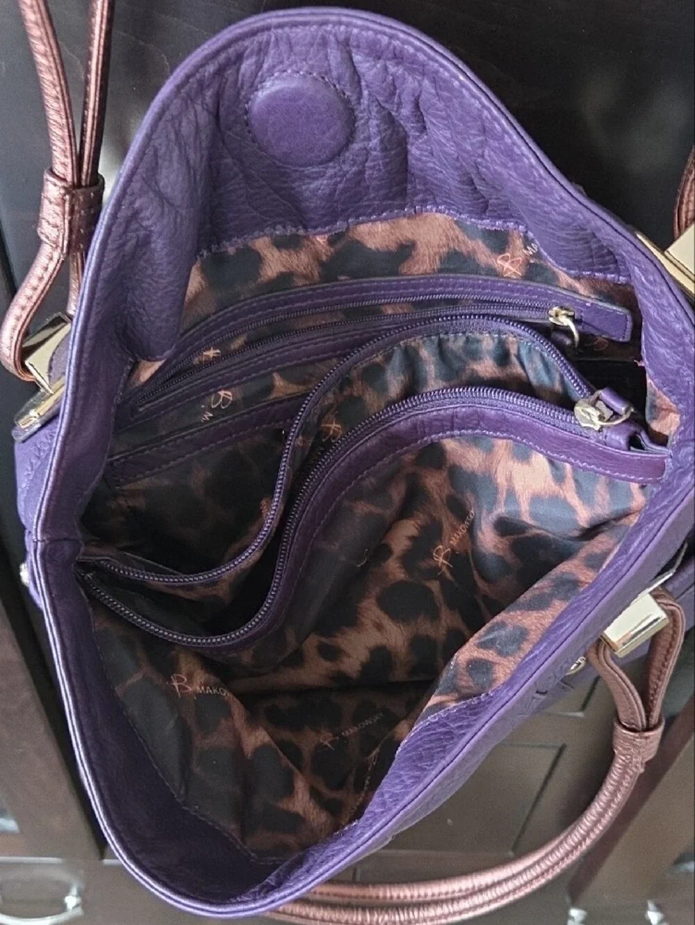B. Makowsky Purple Pebbled Leather Slouchy Hobo Bag Bronze Straps